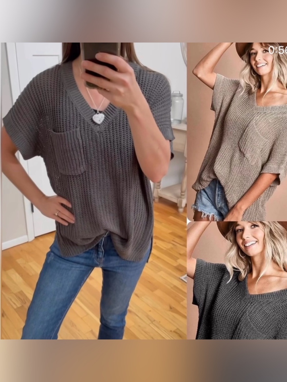 Gray Loose Fit Short Sleeve Gauge pocket Sweater